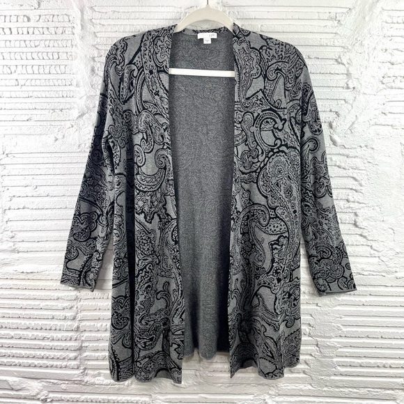 J. Jill Long Open Front Cardigan Gray W/ Black Paisley Print Viscose Cotton XS - Picture 1 of 14